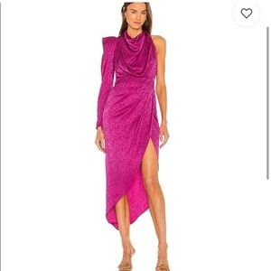 Ronny Kobo Lilly One Shoulder Ruched Midi Dress Orchid Purple Slit XL